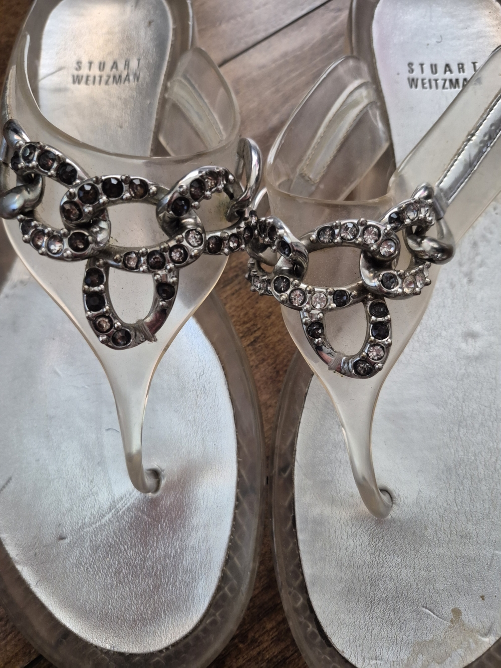 Stuart Weitzman Silver Rhinestone Chain Jelly Thong Sandals